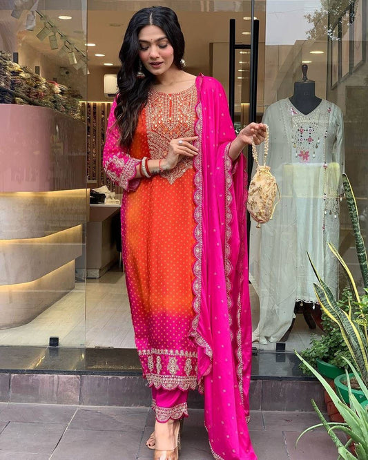 Attractive Pink Colored Pure Chinon Heavy Embroidery And Sequins Work Palazzo Suits For Women