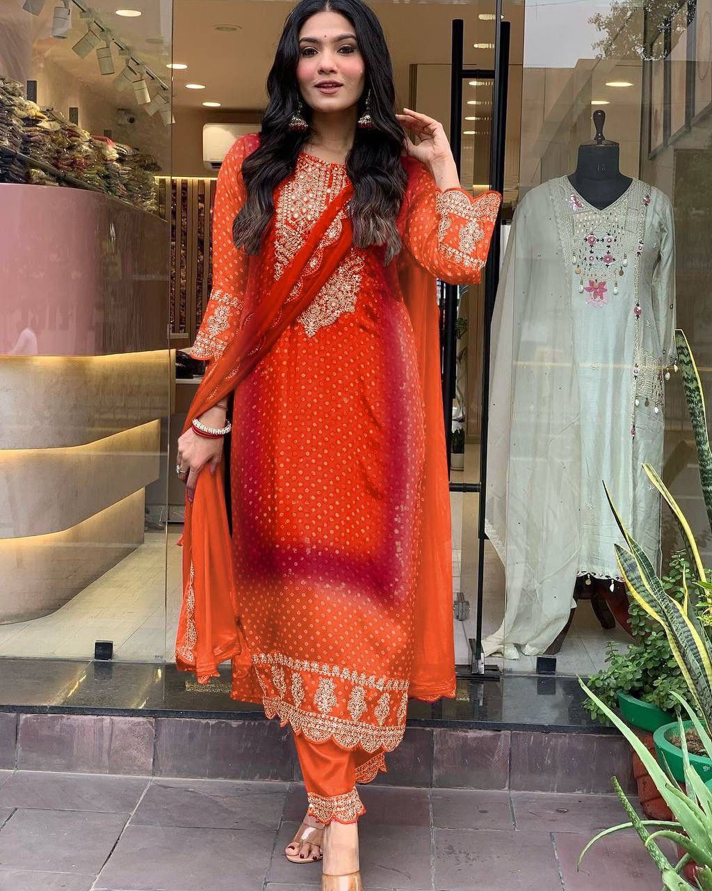 Delightful Orange Colored Heavy Embroidery Work Palazzo Suits Near Me