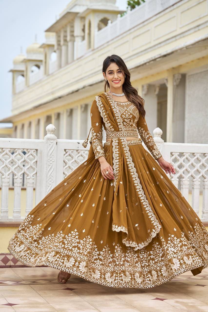 Appealing Mustard Yellow Colored Heavy Fox Georgette Lehenga Choli With Dupatta Sets For Women