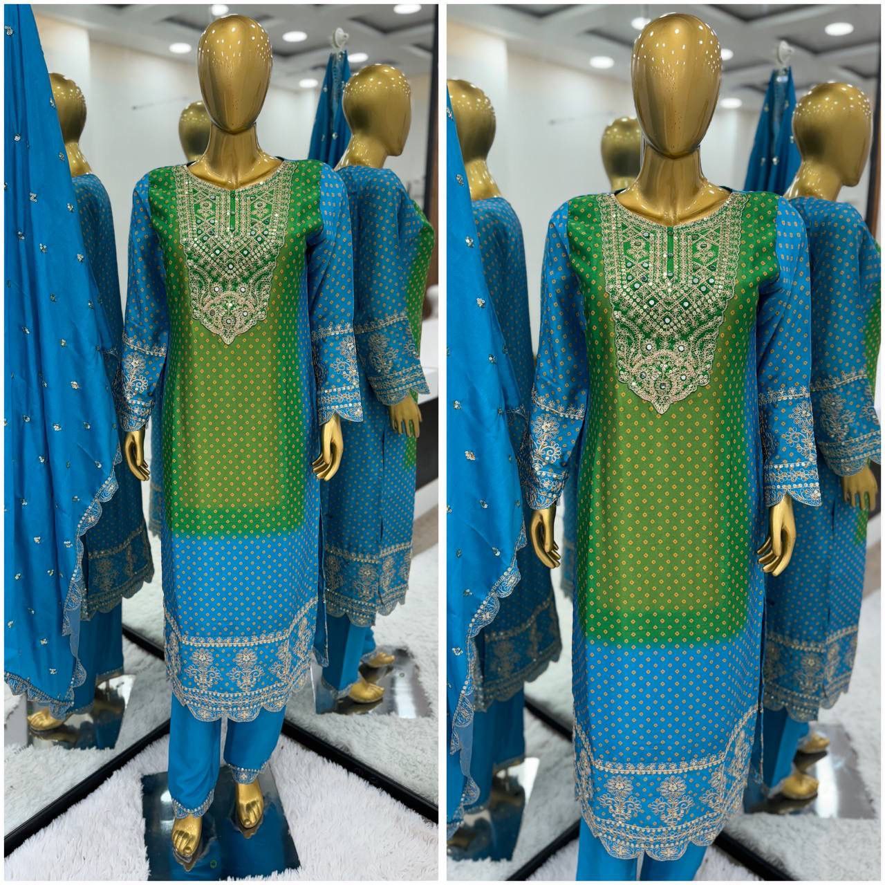 Elegant Sky Blue Colored Pure Chinon Heavy Embroidery And Sequins Work Palazzo Suits For Women In USA