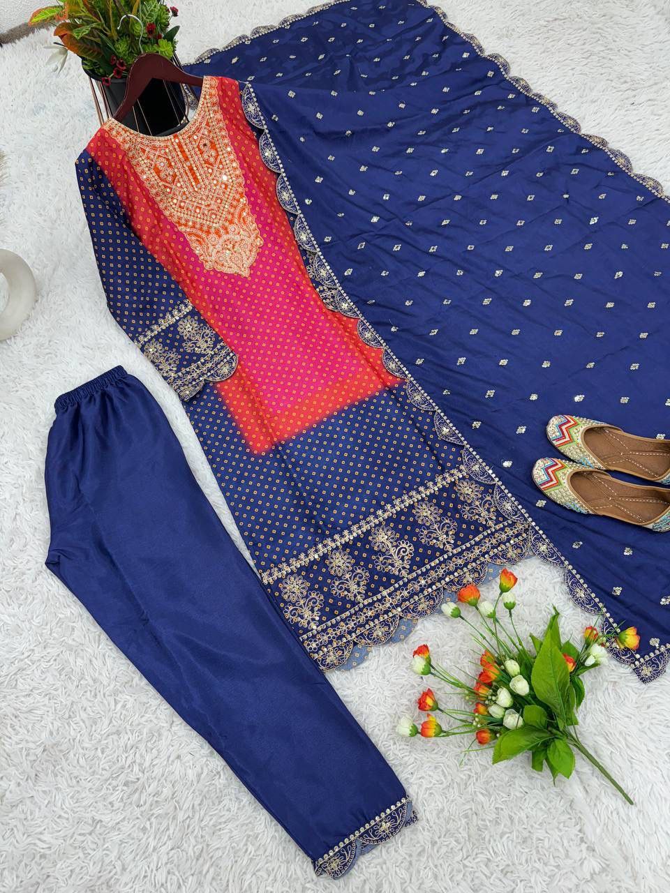 Charming Blue Colored Pure Chinon Heavy Embroidery And Sequins Work Palazzo Suits For Women Near Me