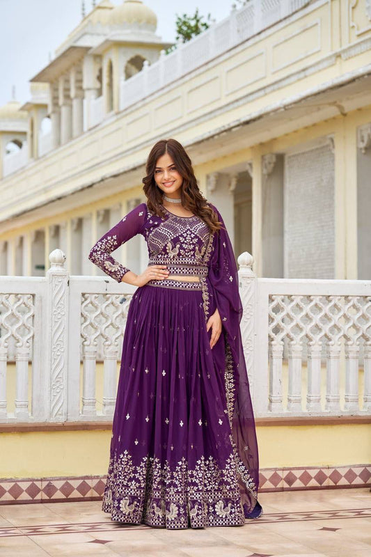 Attractive Purple Colored Heavy Fox Georgette Lehenga Choli With Dupatta Sets For Women