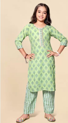 Charming Light Green Colored Cotton Kurti Suits For Girls