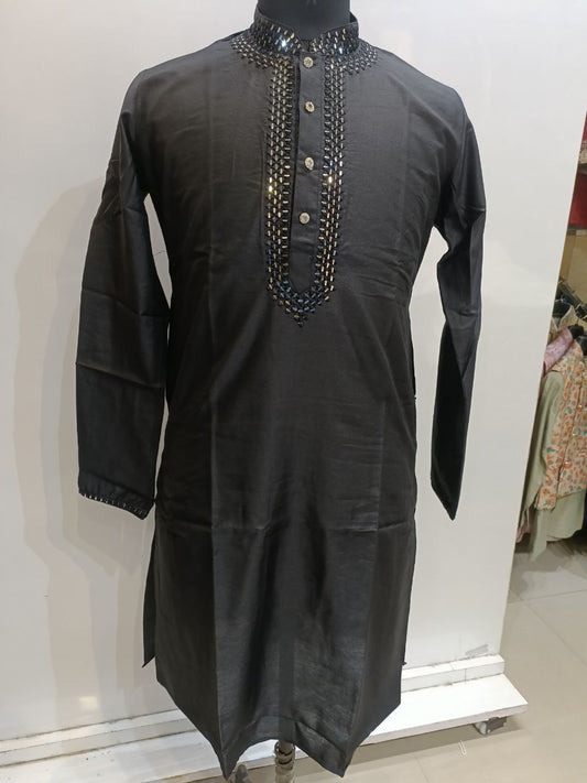 Dazzling Black Colored Embroidery Work Silk Kurta With Pajama For Men