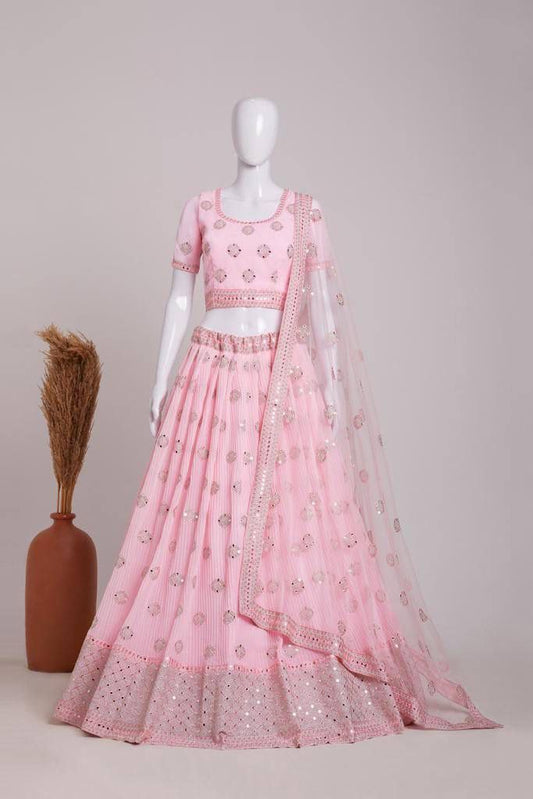 Charming Pink Colored Heavy Georgette Embroidery And Sequins Work Lehenga Choli With Dupatta Sets For Women