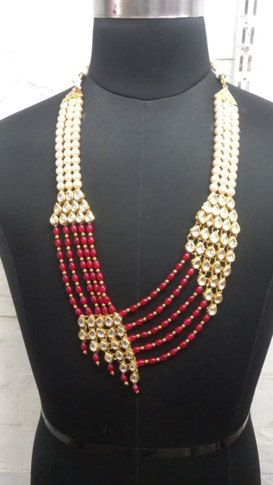 Charming Maroon Colored Gold Plated Stone And Pearl Work Chains Mala For Men