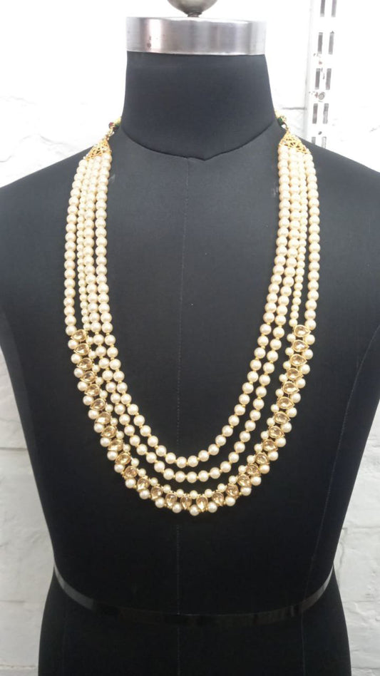 Charming Gold Plated Gold Stone And Pearl Work Chains Mala For Men