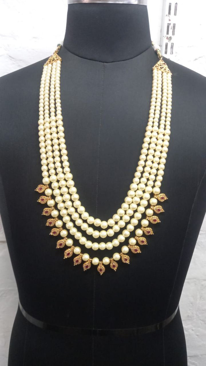 Beautiful Gold Colored Gold Plated Stone And Pearl Work Chains Mala For Men