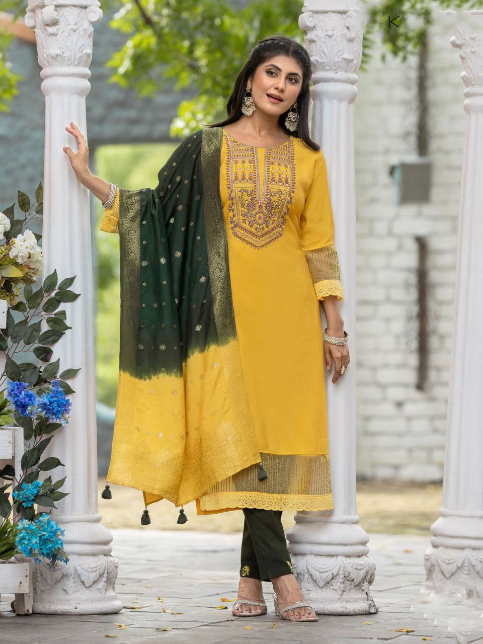 Attractive Yellow Colored Simmer Thread And Hand Work Cotton Lycra Salwar Suits For Women