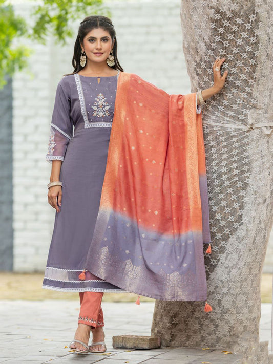 Charming Gray Colored Simmer Thread And Hand Work Salwar Suits For Women