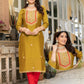 Charming Mustard Yellow Color Thread Work And Silk Kurti For Women