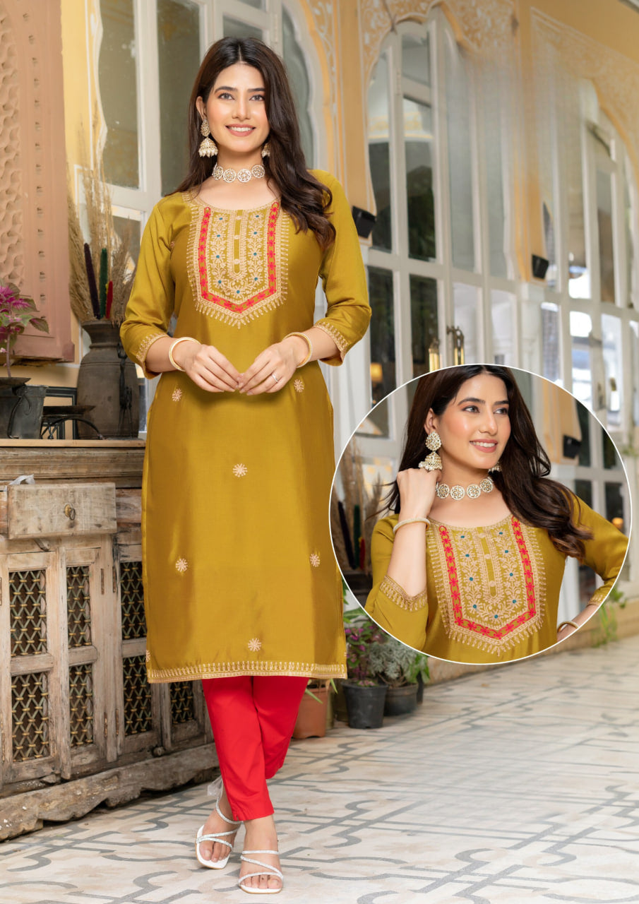 Charming Mustard Yellow Color Thread Work And Silk Kurti For Women