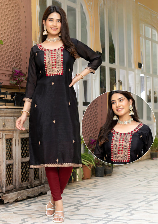 Dazzling Black Color Thread Work And Silk Kurti For Women