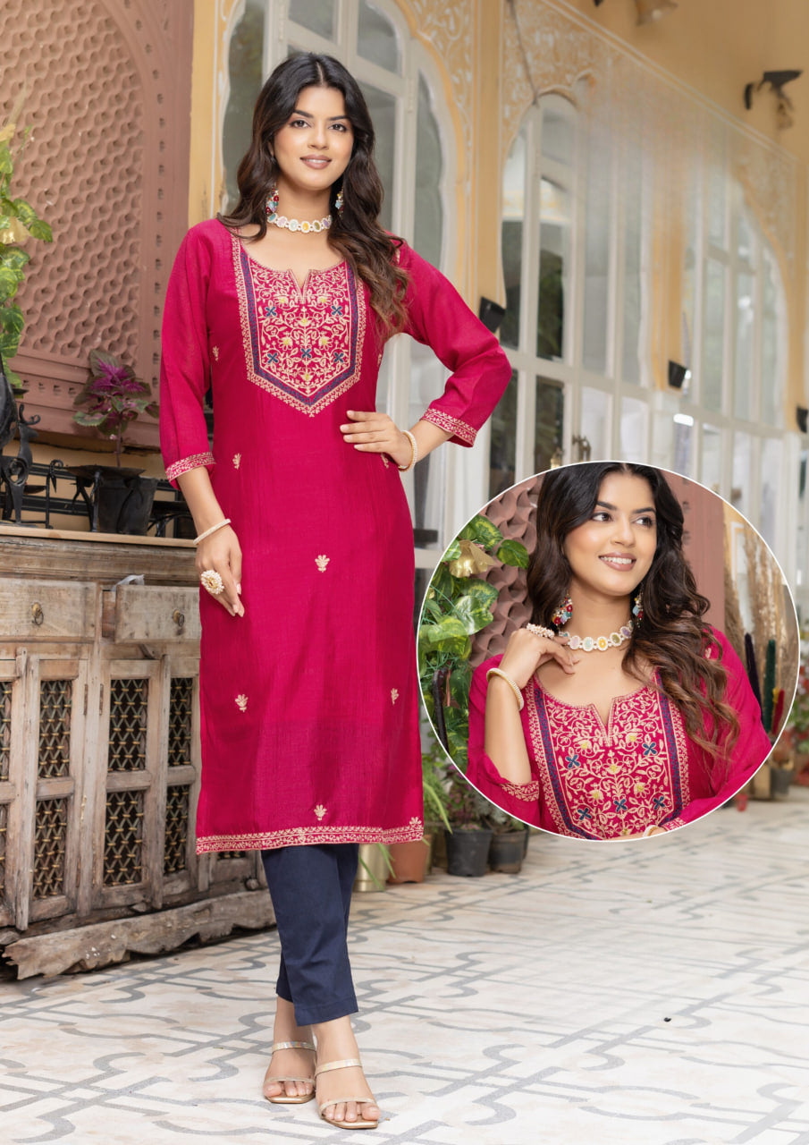  Appealing Rani Pink Color Thread Work And Silk Kurti For Women