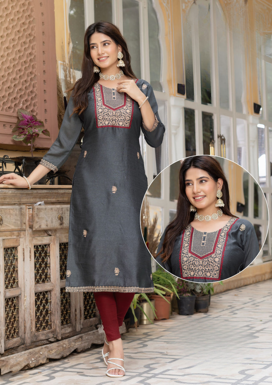 Stunning Gray Color Thread Work And Silk Kurti For Women