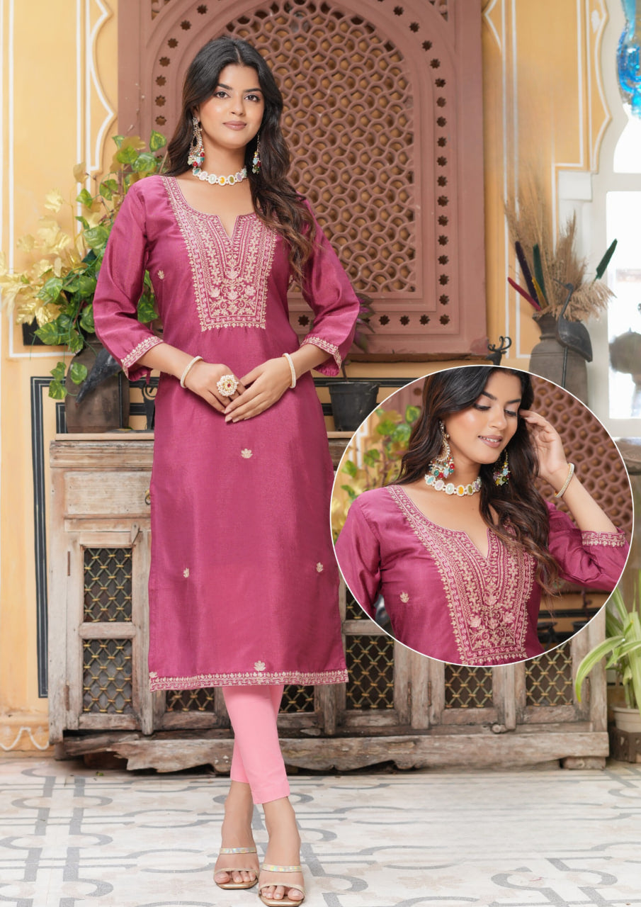 Attractive Light Pink Color Thread Work And Silk Kurti For Women