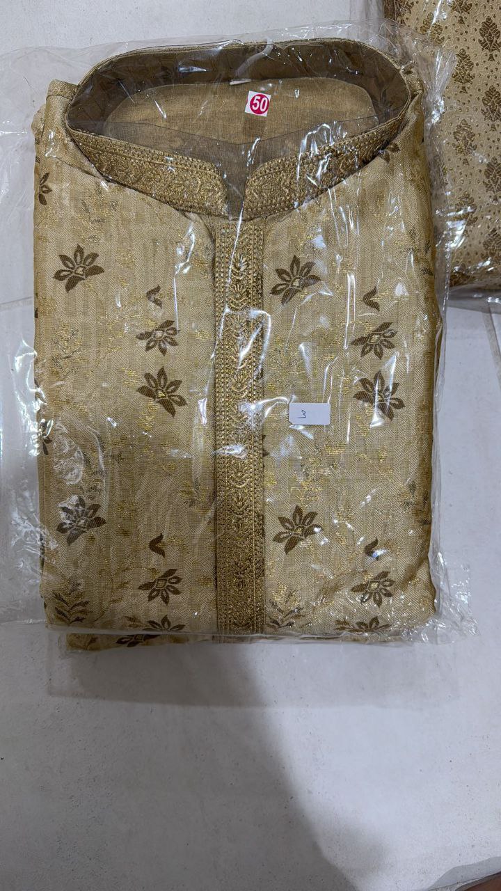 Beautiful Gold Color Jari Brocade With Linning Embroidery Work Kurta Pajama Pant For Men