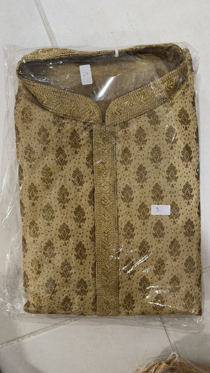 Elegant Gold Color Jari Brocade With Linning Embroidery Work Kurta Pajama Pant For Men