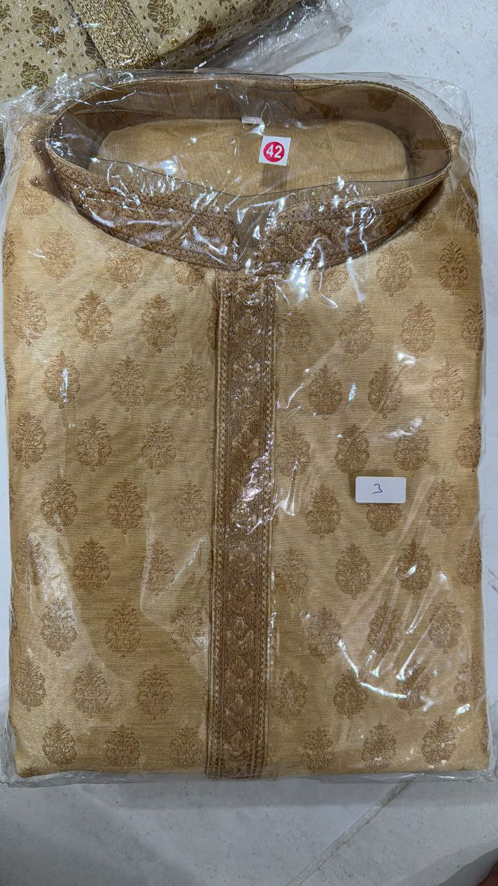 Alluring Gold Color Jari Brocade With Linning Embroidery Work Kurta Pajama Pant For Men