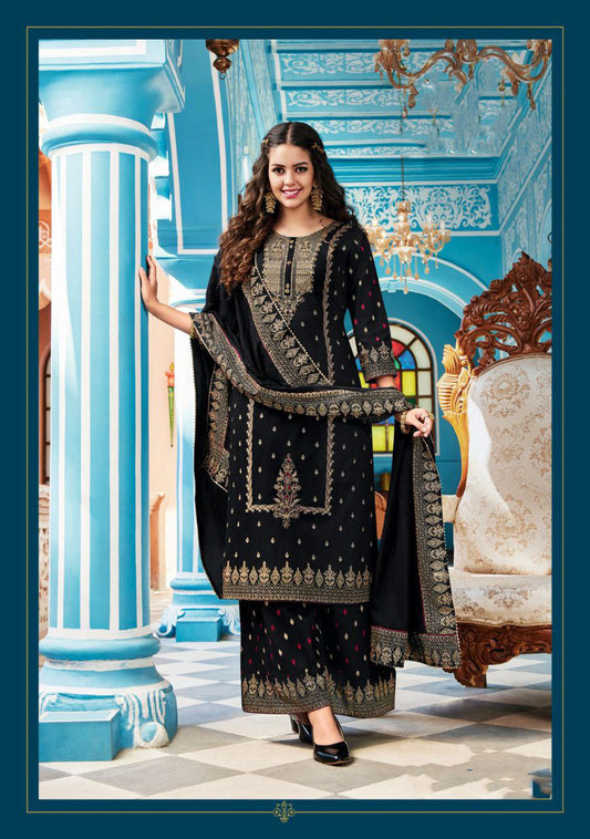 Beautiful Black Colored Cotton Palazzo Suits With Pure Khatli Work