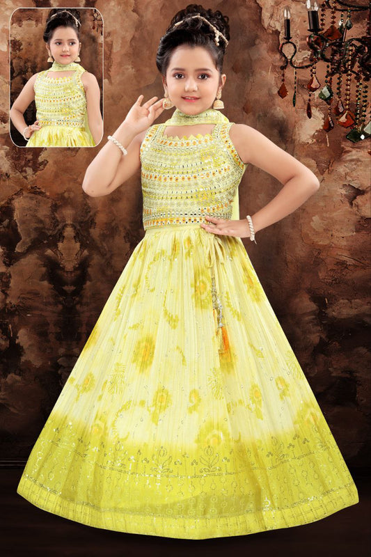 Pretty Yellow Color Georgette Embroidery And Mirror Work Choli Set For Girls