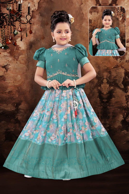 Gorgeous Teal Green Color Embroidery And Mirror Work Silk Langa Sets For Girls