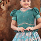 Gorgeous Teal Green Color Embroidery And Mirror Work Silk Langa Sets Near Me