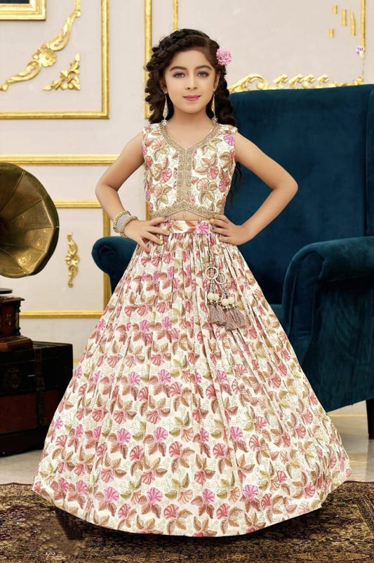 Alluring Cream Color Silk Cutdana And Sequins Work Choli Set For Girls