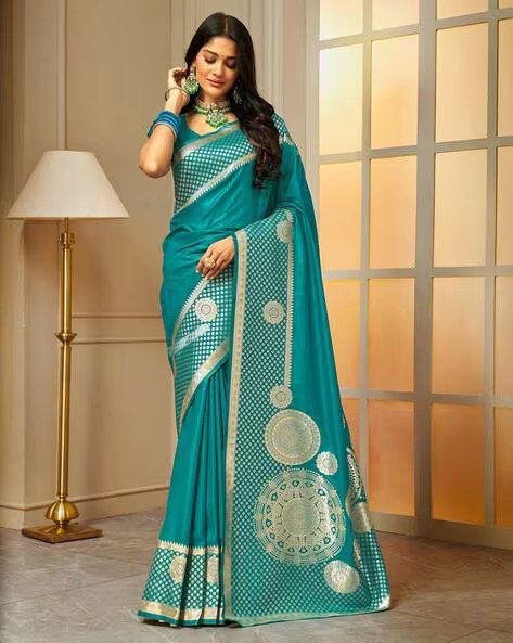 Alluring Teal Blue Color Banarasi Silk Saree With Flower Motifs For Women