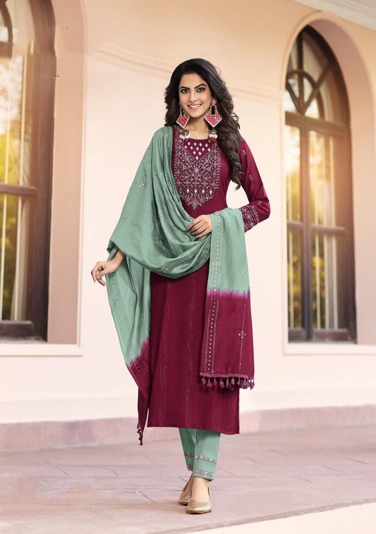 Attractive Maroon Color Kurti Suits With Embroidery Work For Women