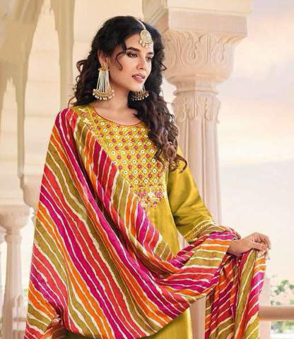 Attractive Mustard Yellow Colored Chanderi Silk Straight Salwar Suits With Muslin Near Me