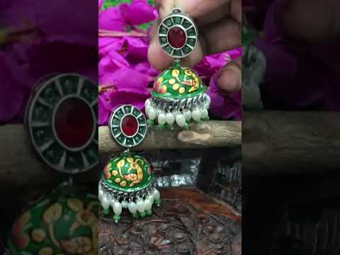 Elegant Green And Red Color Hand Painted Peacock Designed Oxidized Jhumka Earrings With Pearl Beads