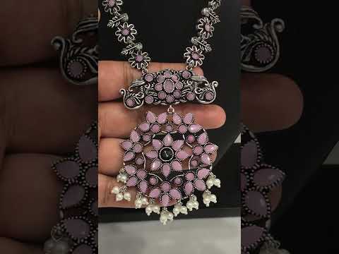 Stunning Pink Color Floral Design And Pearl Beaded German Silver Oxidized Necklace Set With Earrings