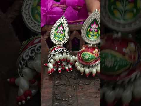 Traditional Red And White Beads Silver Plated Hand Painted Oxidized Jhumka Earrings