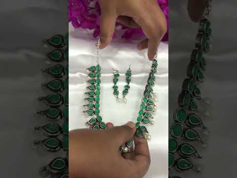 Stunning Oxidized German Silver Necklace With Emerald Stone And Pearl Hangings