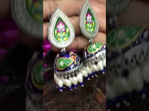 Trendy Blue Color Floral Silver Plated Oxidized Jhumka Earrings