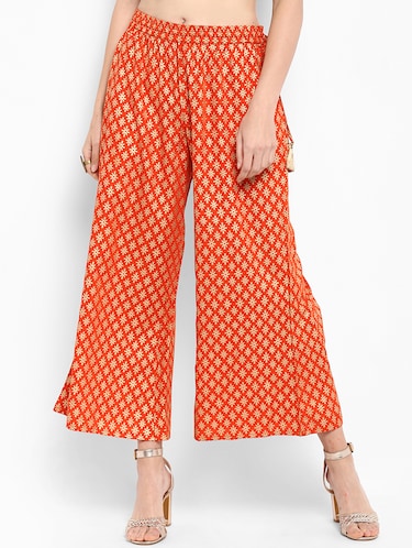 Charming  Bright Orange Palazzo With Golden Myka Pattern Print