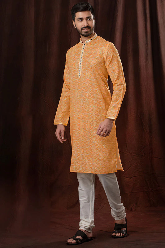 Printed Orange Poly Cotton Straight Cut Men Kurta Pajama For Men