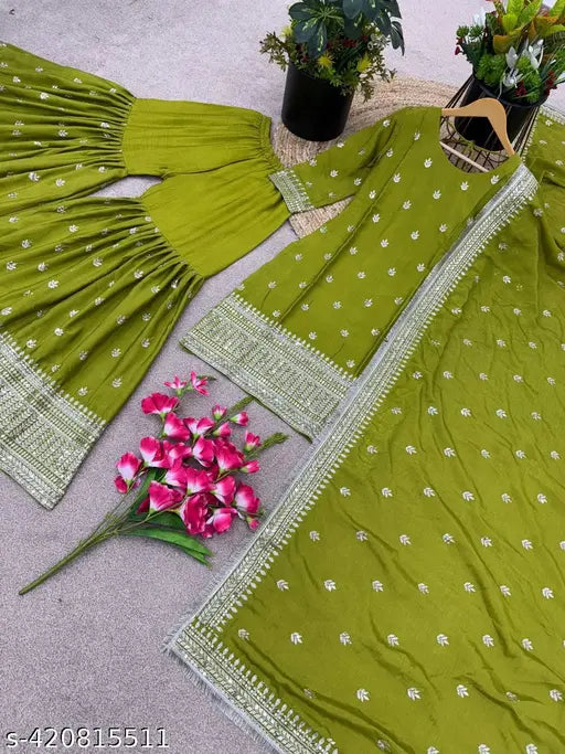 Stunning Olive Green Colored Chinon With Embroidery Sequins Work Sharara Suits With Dupatta