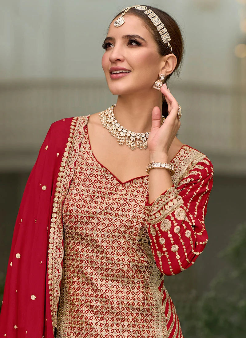 Red Color Premium Silk With Heavy Embroidery Work Palazzo Suits Near Me