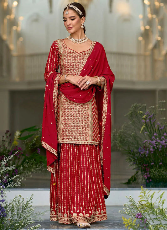 Attractive Designer Red Color Premium Silk With Heavy Embroidery Work Palazzo Suits