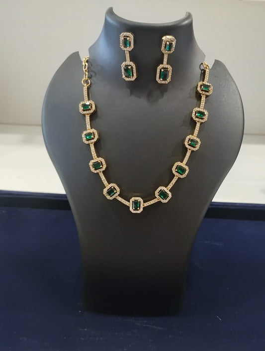 Alluring Gold Plated White And Green Stones Necklace With Earrings For Women 