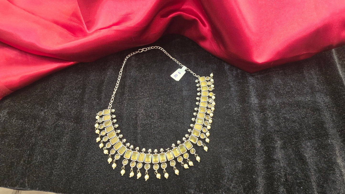 Appealing Pale Yellow Color Oxidized Necklace With Earrings Set