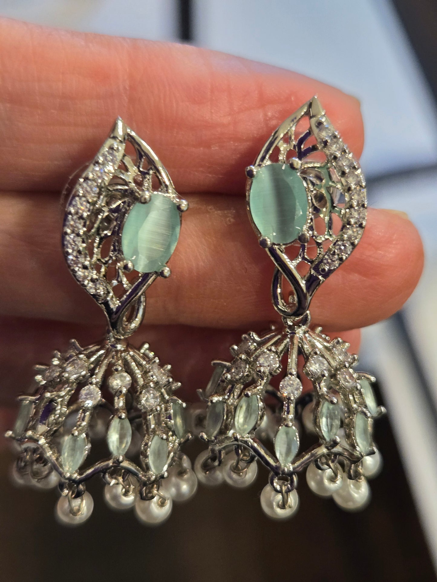 Elegant Light Green American Diamond Jumkha Earrings For Women