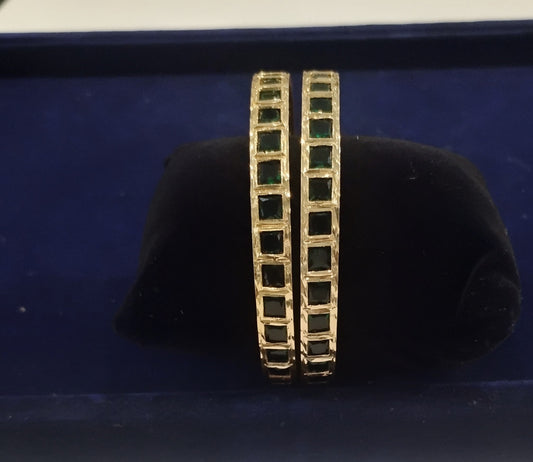 Alluring Gold Plated Bangles with Dark Green Color Stones Set For Women