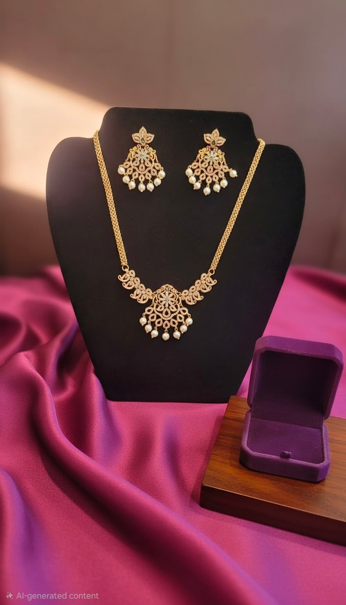 Pretty gold plated white, green and pink stones necklace with pearls.