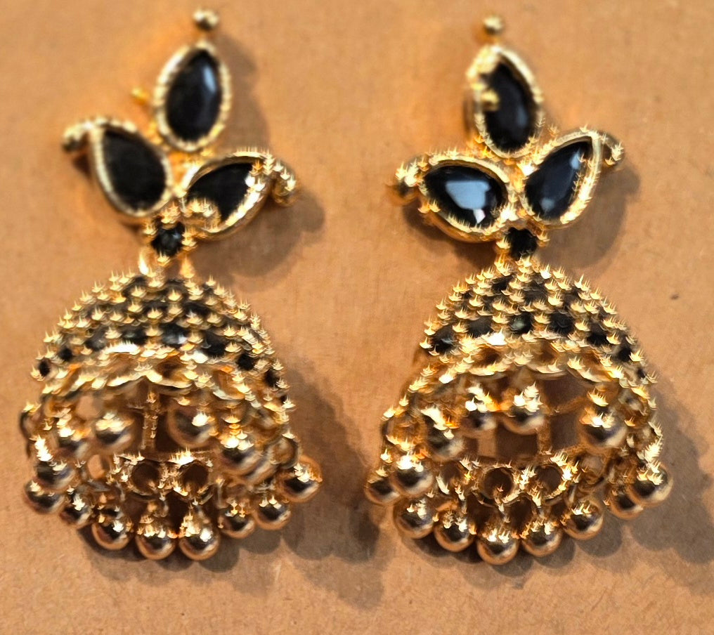 Gorgeous Black Stone Flower Shaped Gold Plated Earrings