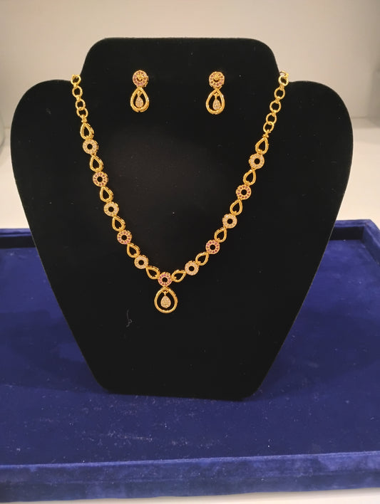 Attractive White And Red Stones Gold Plated Necklace With Earrings