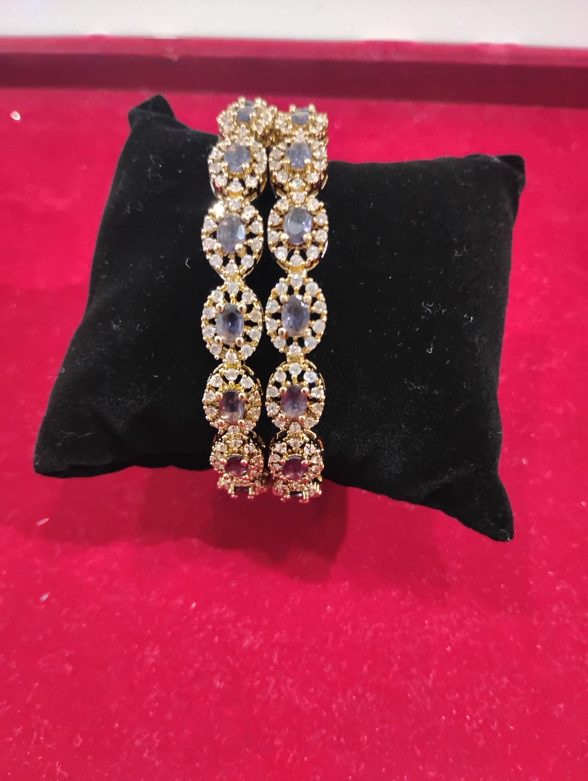 Attractive Blue And White Crystals Gold Plated Bangles For Women