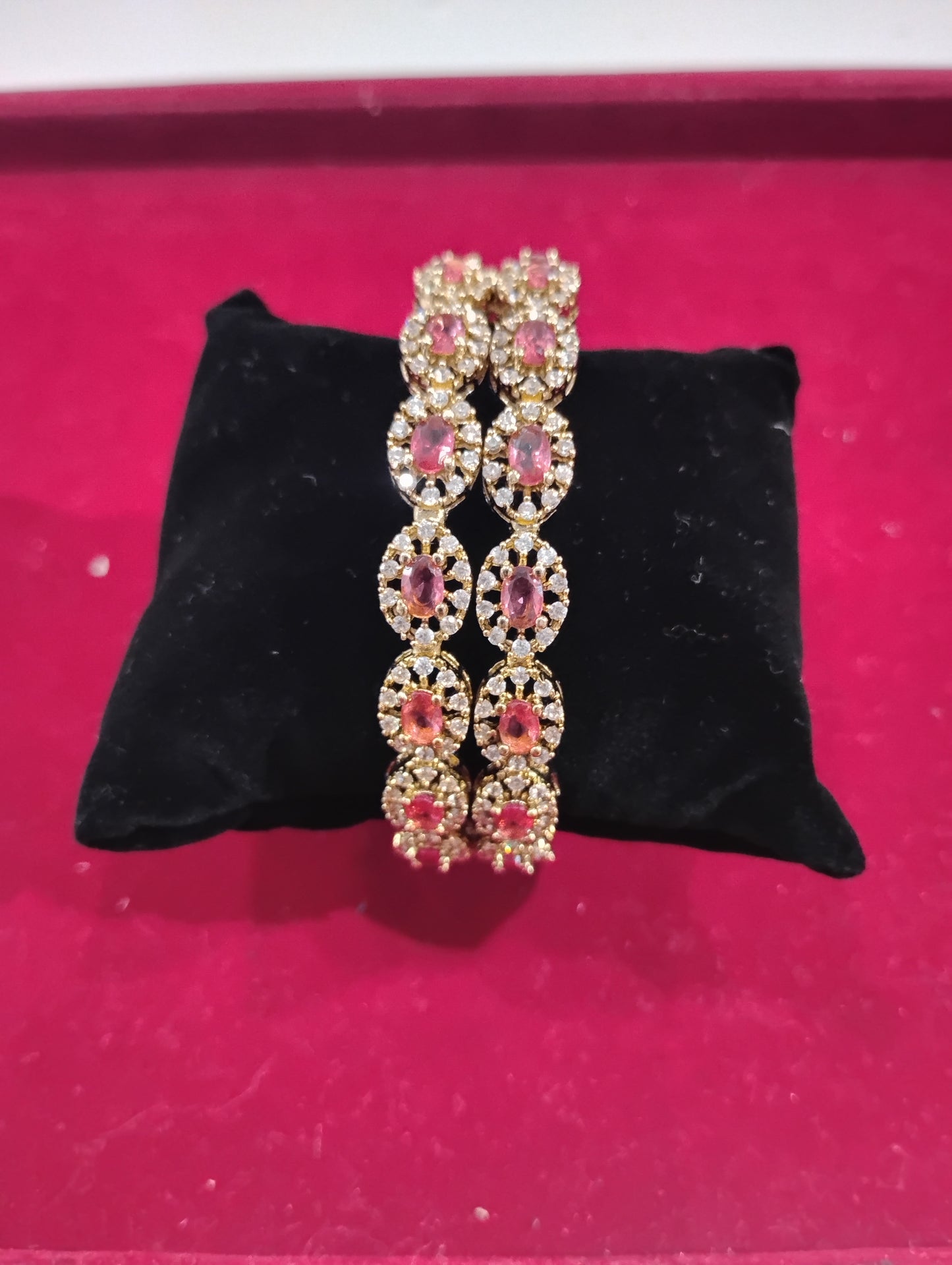Fantastic Pink And White Crystals Gold Plated Bangles For Women